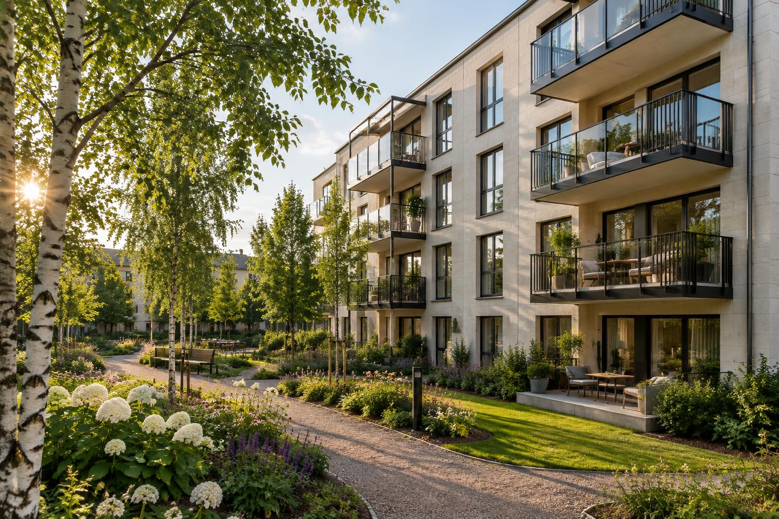 Modern svensk bostadsfastighet med balkonger och en grönskande innergård